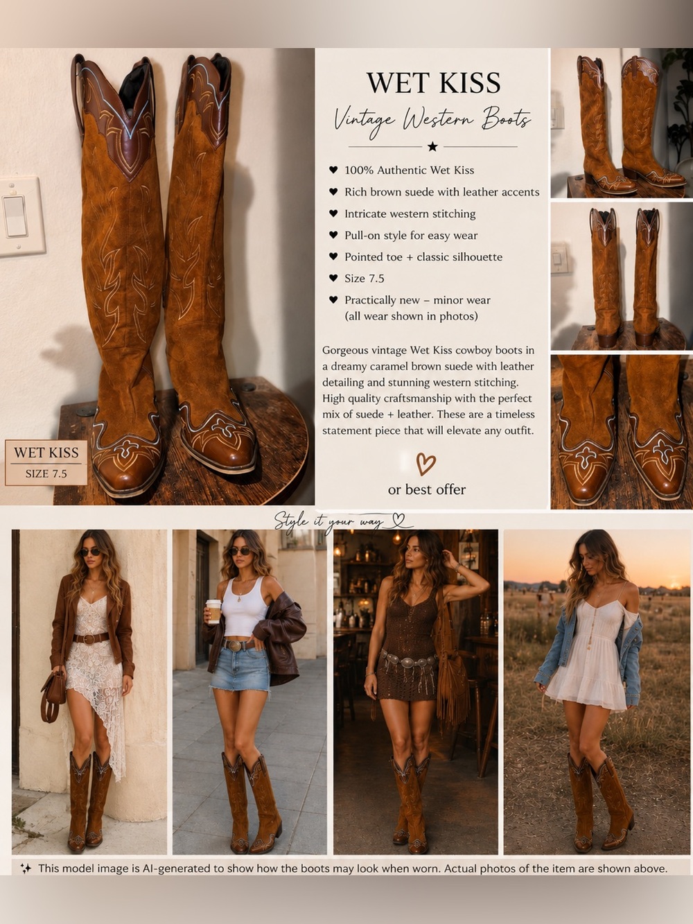 Wet Kiss Brown Suede Western Cowboy Boots Embroidered/ Size 7.5